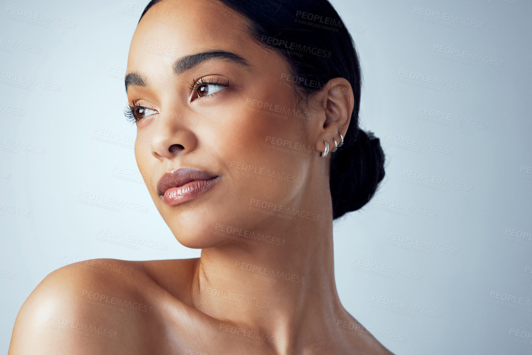 Buy stock photo Thinking, skincare and woman in studio with natural beauty, cometic and wellness on grey background. Daydreaming, face and female model relax with dermatology, treatment and self care skin routine