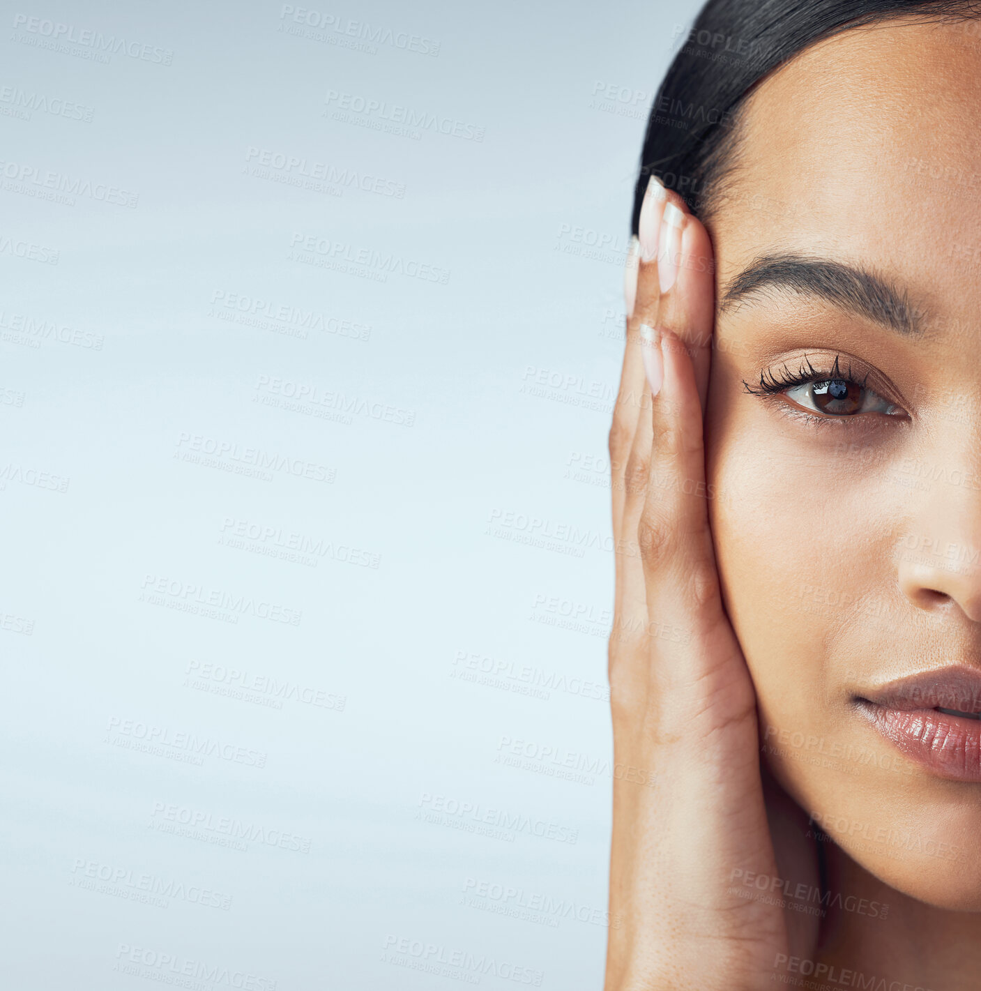 Buy stock photo Portrait, half and skincare for woman in studio for cosmetic, wellness or treatment on grey background mockup. Hand, face and female model with natural beauty, soft and skin or dermatology result