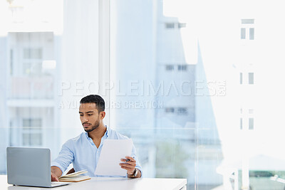 Buy stock photo Laptop, documents and business man analyst working on project in office workplace. Computer, paperwork and serious male professional analyze report for finance, planning  strategy or typing email.