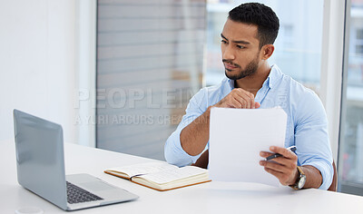 Buy stock photo Paperwork, laptop and business man analyst working on project in office workplace. Computer, documents and serious male professional analyze report for finance, planning  strategy and reading email.