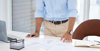 Buy stock photo Desk, documents and man in office, hands and planning for small business and evaluation. Laptop, research and company for budget for financial investment, accountant and management in workplace