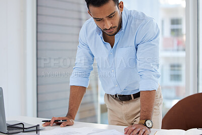 Buy stock photo Planning, businessman and desk for read, paperwork and report on documents in workplace. Contract, financial papers for small business and male manager, ceo and research for corporate sales agency 