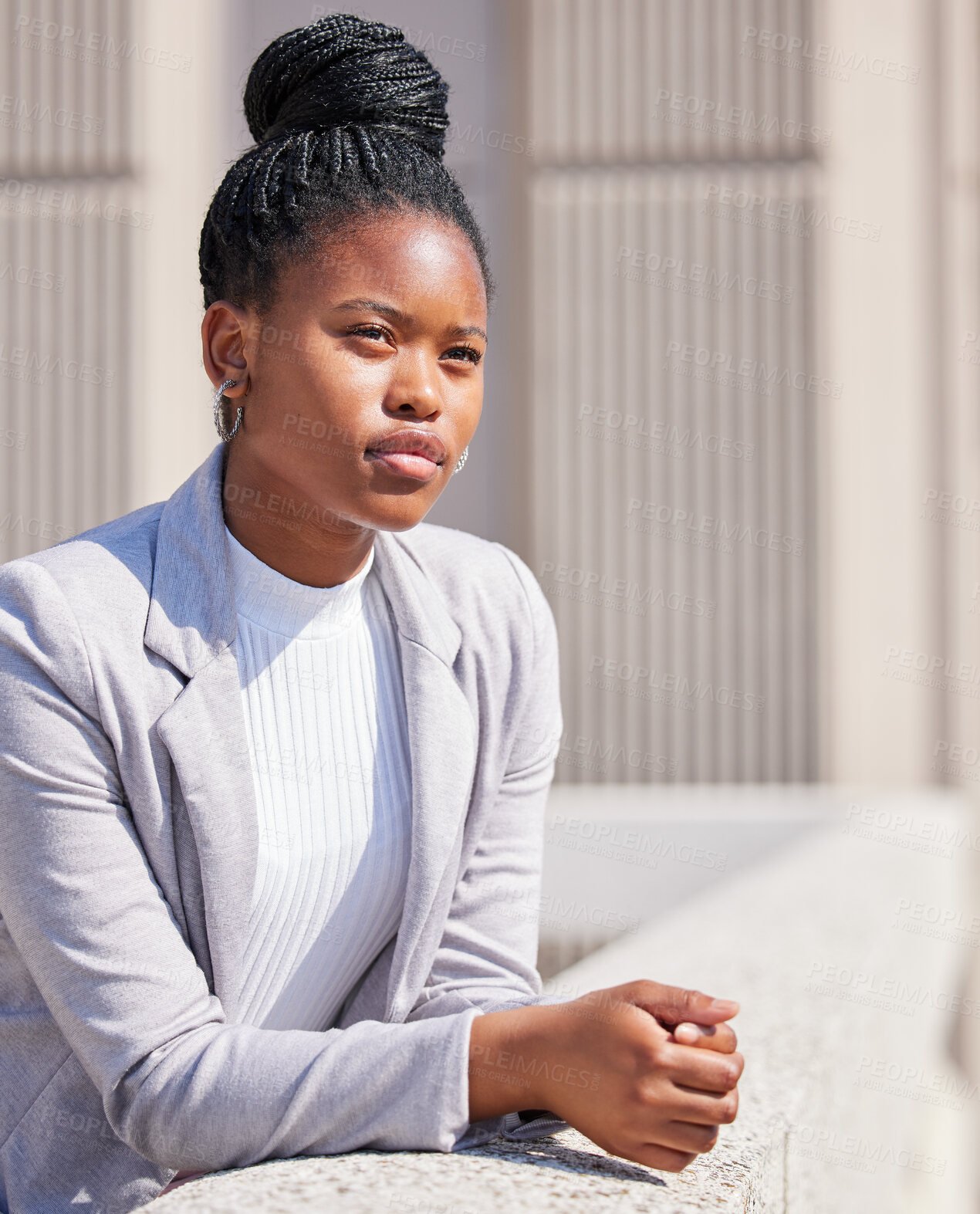 Buy stock photo Shot of a young businesswoman taking a break to daydream