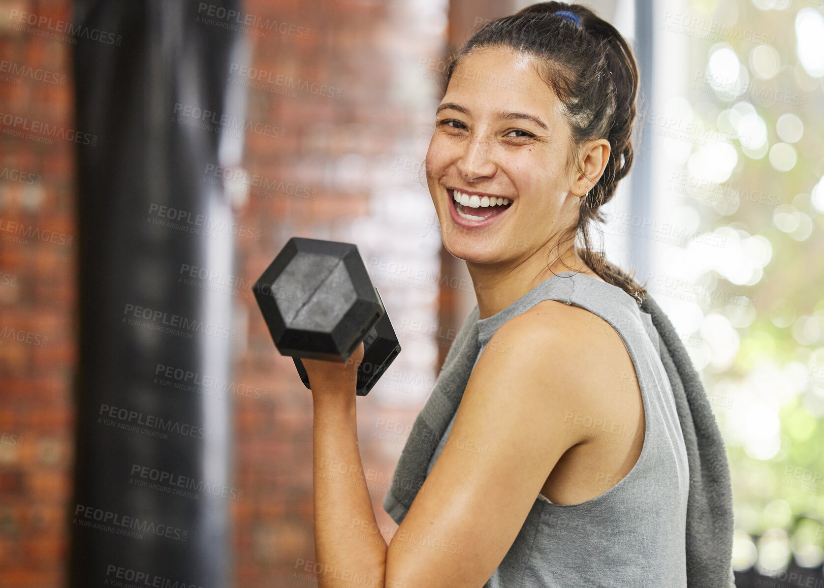 Buy stock photo Woman, wellness and portrait in gym with dumbbell, exercise and body health for athlete for lifting weights. Happy, power and strong for sport training, strength or smile in fitness club or workout  