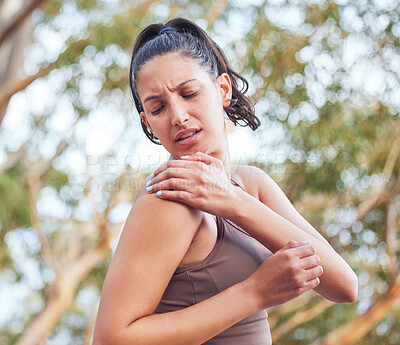 Buy stock photo Health, fitness and woman with shoulder injury from running training with muscle pain and joint ache. Upset, female person and exercise accident on arm with fibromyalgia for medical emergency 