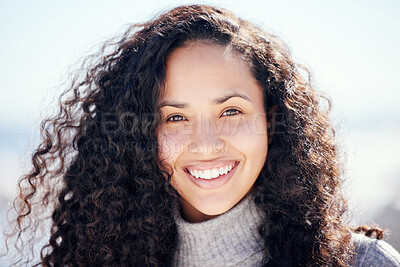 Buy stock photo Outdoor, smile and portrait of woman in nature for travel, sunshine weekend and peace on vacation. Female person, confident and face with happiness for holiday, adventure and tourism in Ecuador