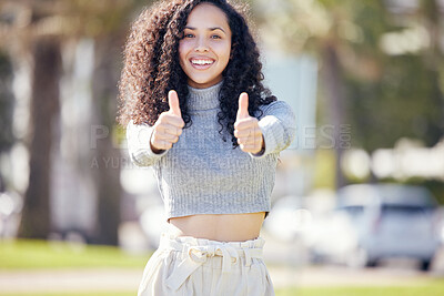 Buy stock photo Portrait, thumbs up and woman in park, smile and sunshine with promotion, agreement and feedback. Face, outdoor and girl with hand gesture, summer and review with support, icon and like with sign