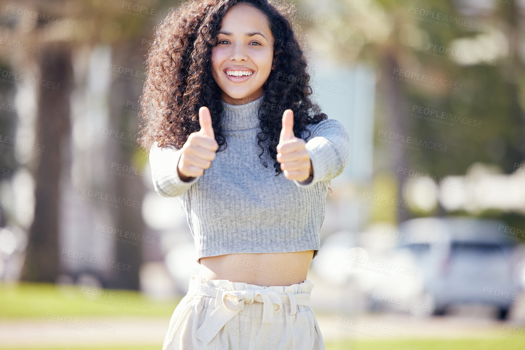 Buy stock photo Portrait, thumbs up and woman in park, smile and sunshine with promotion, agreement and feedback. Face, outdoor and girl with hand gesture, summer and review with support, icon and like with sign