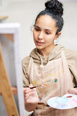 Buy stock photo Art, canvas and thinking with painter woman in studio for creative, expression or leisure hobby. Inspiration, paintbrush and palette with artist painting in home workshop to relax for stress relief