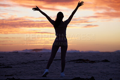 Buy stock photo Woman, open arms and silhouette with stretch, sunset for freedom, faith and spiritual balance at beach. Celebration, wellness and peace with female person to relax or rest in nature with sea