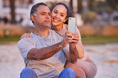 Buy stock photo Beach, selfie or phone with a father and daughter bonding together by the sea on holiday or vacation. Travel, family or love with an old man and adult child posing for a social media profile picture