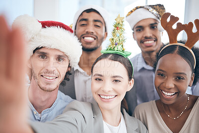 Buy stock photo Business people, selfie and Christmas celebration for collaboration, holiday and festive party in workplace. Diversity, teamwork and company bonding in office for vacation, portrait and staff memory
