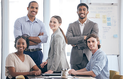 Buy stock photo Diversity, portrait and business people happy together in office for collaboration, teamwork and support. Coworkers, colleagues or employees excited in workplace for community and partnership