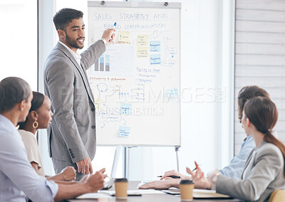 Buy stock photo Business people, man and presentation with whiteboard, corporate training and talking to team for project, solution and proposal. Group, staff and employees in meeting, speaker and workshop with info