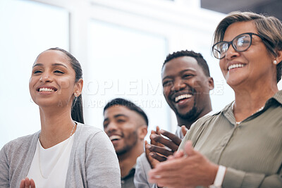 Buy stock photo Applause, support and business people in meeting for congratulations, celebration or success in boardroom. Professional, diversity and employees clapping for conference, presentation or workshop
