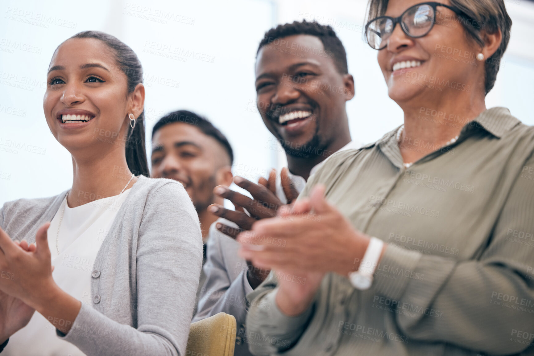 Buy stock photo Business people, applause and celebration in team meeting for congratulations, support or success in boardroom. Professional, diversity and employees clapping for conference, presentation or workshop