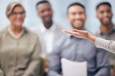 Buy stock photo Diversity, hand of leader with presentation and with colleagues in a conference room at their workplace. Meeting, speaker and woman presenter giving speech with coworkers in boardroom office at work