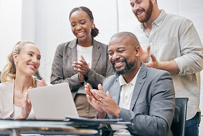 Buy stock photo Group, diversity and clapping with laptop for business meeting, conference call and people in office. Team, cheering and celebrating, success and effort with happy, congratulations and support