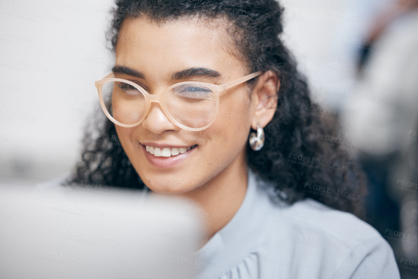 Buy stock photo Face, smile and business woman on computer reading email, research or network online in startup office. Closeup, glasses and professional consultant work on project, report or planning on internet