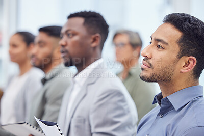 Buy stock photo Business man, group and listening to seminar, presentation and salesman at team training workshop. Meeting, audience and serious professional at conference with crowd at convention event for speech