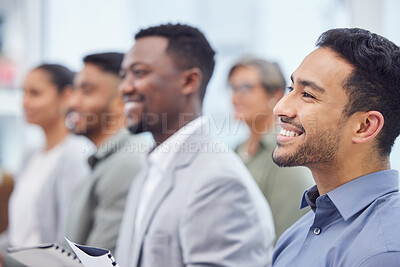 Buy stock photo Business man, happy group and listening to seminar, presentation and salesman at team training workshop. Meeting, audience and professional at conference with crowd at convention event for speech