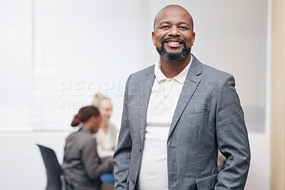 Buy stock photo Portrait, business and happy black man in office, workplace or corporate company for job. Agent, confidence and smile of professional entrepreneur, employee and salesman in suit working for career