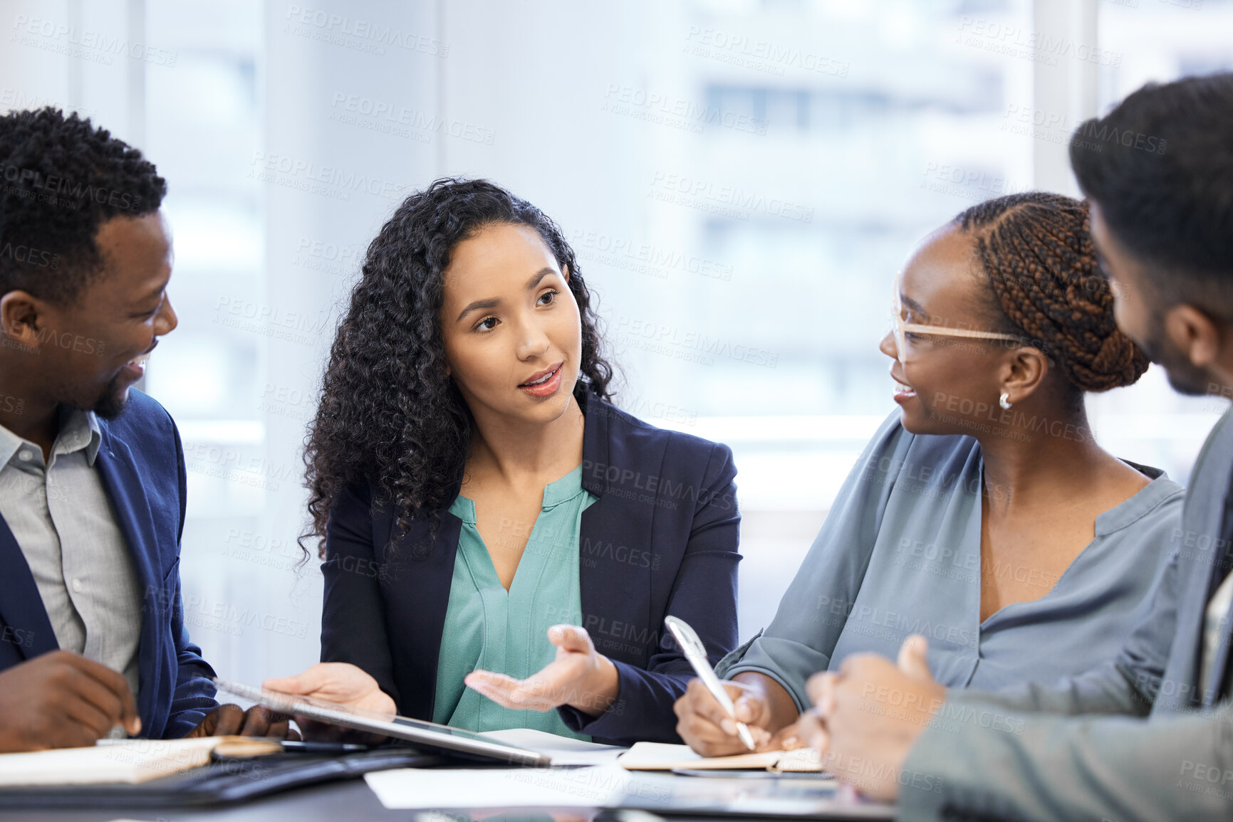 Buy stock photo Meeting, planning and business people in office writing notes for finance budget information. Discussion, corporate and team financial advisors working in collaboration on project with documents.