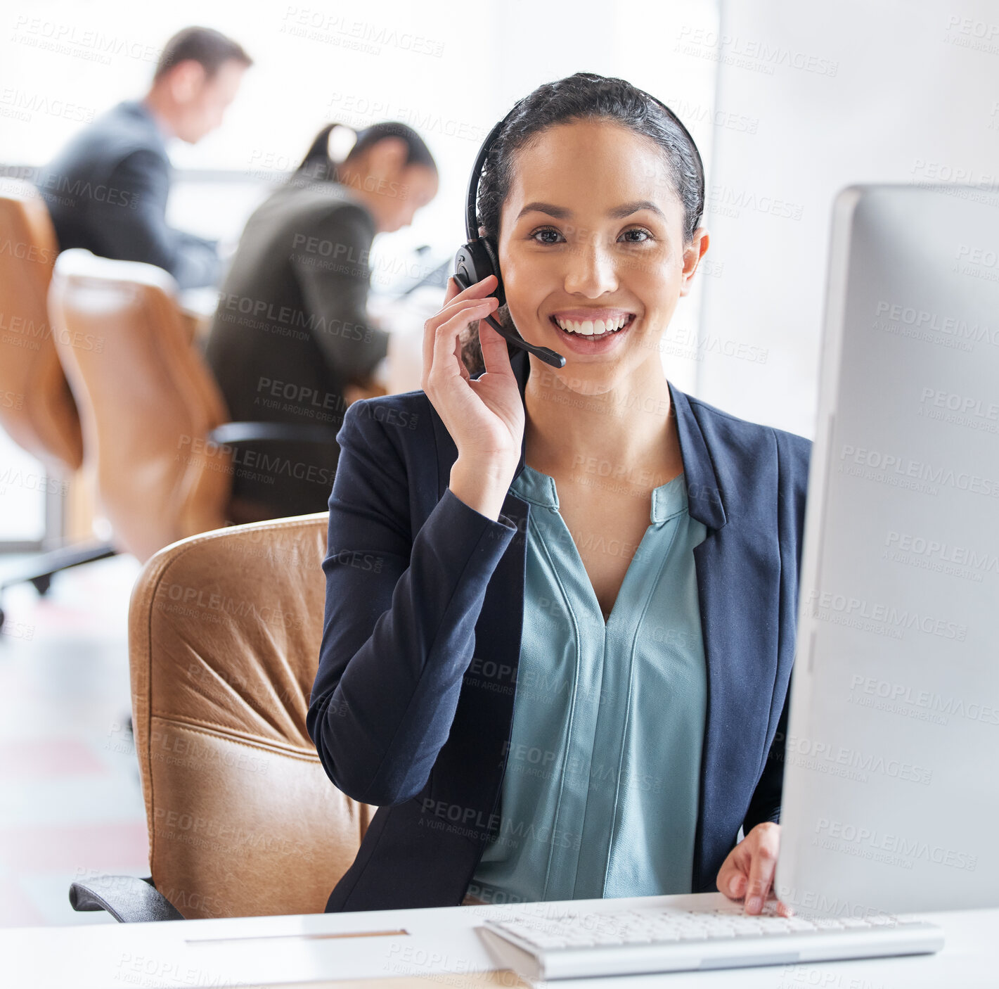 Buy stock photo Portrait, woman and computer in call center with headphones for customer service, consulting and communication. Female person, smile and headset at desk for telemarketing, sales support and crm