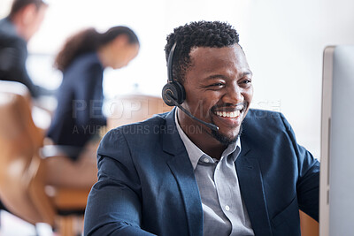 Buy stock photo Happy man, computer and headphones in call center for customer service, consulting and operator. Male person, smile and headset at desk for telemarketing, sales support and client communication