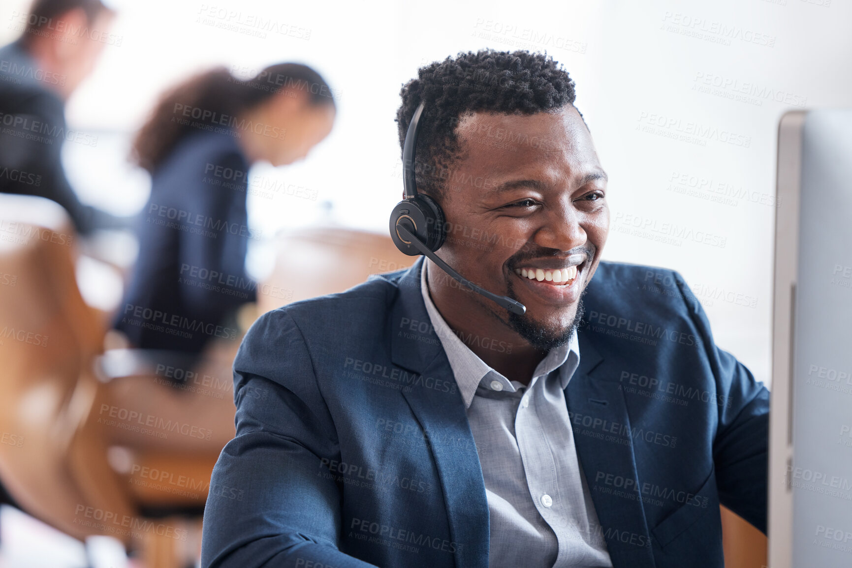 Buy stock photo Happy man, computer and headphones in call center for customer service, consulting and operator. Male person, smile and headset at desk for telemarketing, sales support and client communication