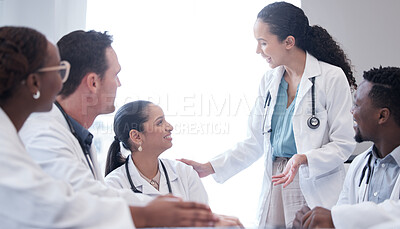 Buy stock photo Doctors, men and women in meeting, healthcare and support with team building, conversation and motivation. Staff, medical and professional with discussion, cooperation and communication with medicare