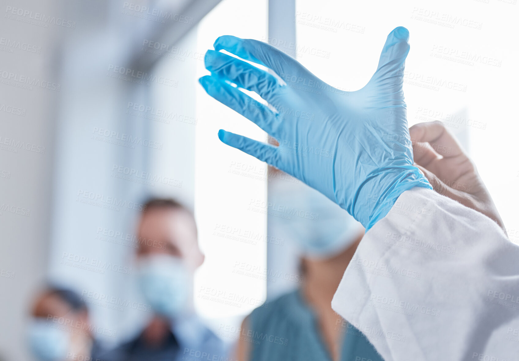 Buy stock photo Doctor, hands and gloves for ppe protection or medical surgery for hygiene, compliance or pandemic. Person, fingers and hospital or virus outbreak with safety immunity or operation, latex or clean