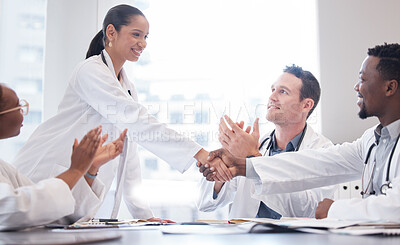 Buy stock photo Doctors, staff and meeting with handshake, applause or promotion with healthcare innovation, growth or opportunity. Group, team or coworkers brainstorming, clapping or shaking hands with medical cure