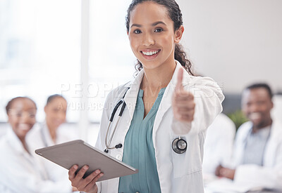 Buy stock photo Happy woman, portrait and doctor with thumbs up for tablet, healthcare or approval in meeting at hospital. Female person or medical surgeon with smile, like emoji or yes sign for health or technology
