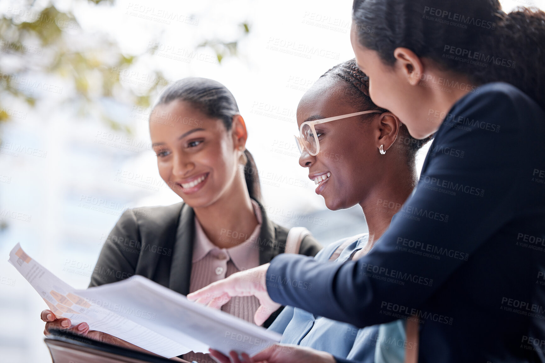 Buy stock photo Discussion, city and business women with paperwork for planning, meeting and in conversation. Professional, corporate team and people in town with documents for talking, communication and networking