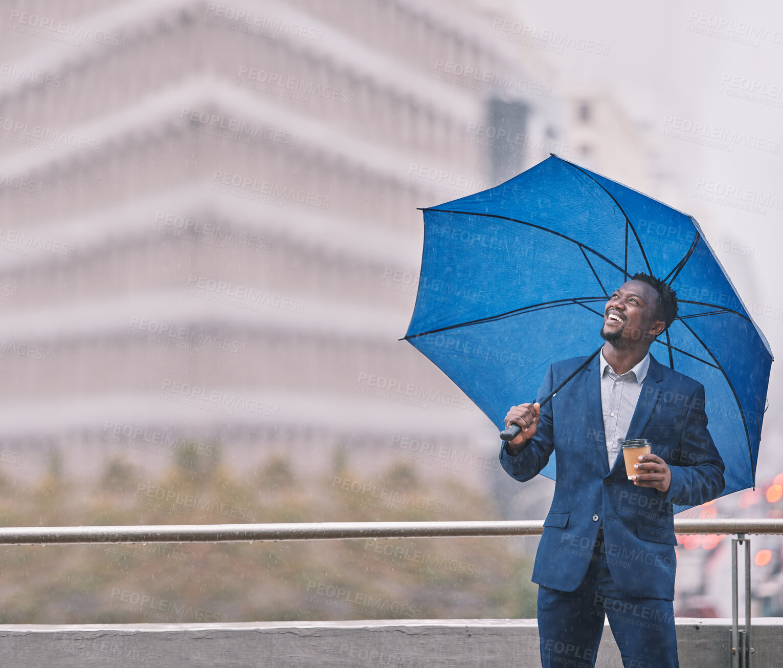 Buy stock photo Business, black man and smile with umbrella in city for rain, winter season and weather with coffee. African male person, urban town and protection with ideas for life cover and insurance or policy