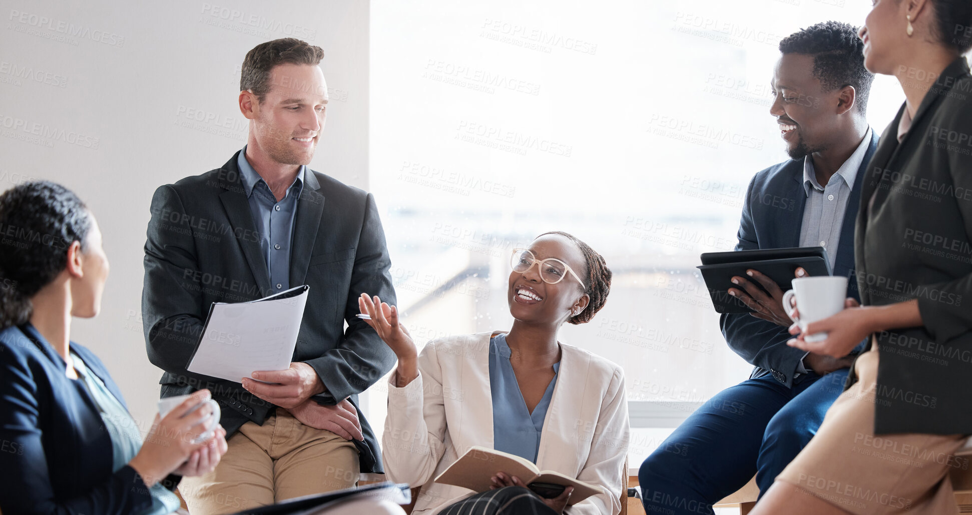 Buy stock photo Business people, meeting and planning with teamwork, conversation and brainstorming with ideas. Office, staff and employees with discussion, project or collaboration with schedule or diversity