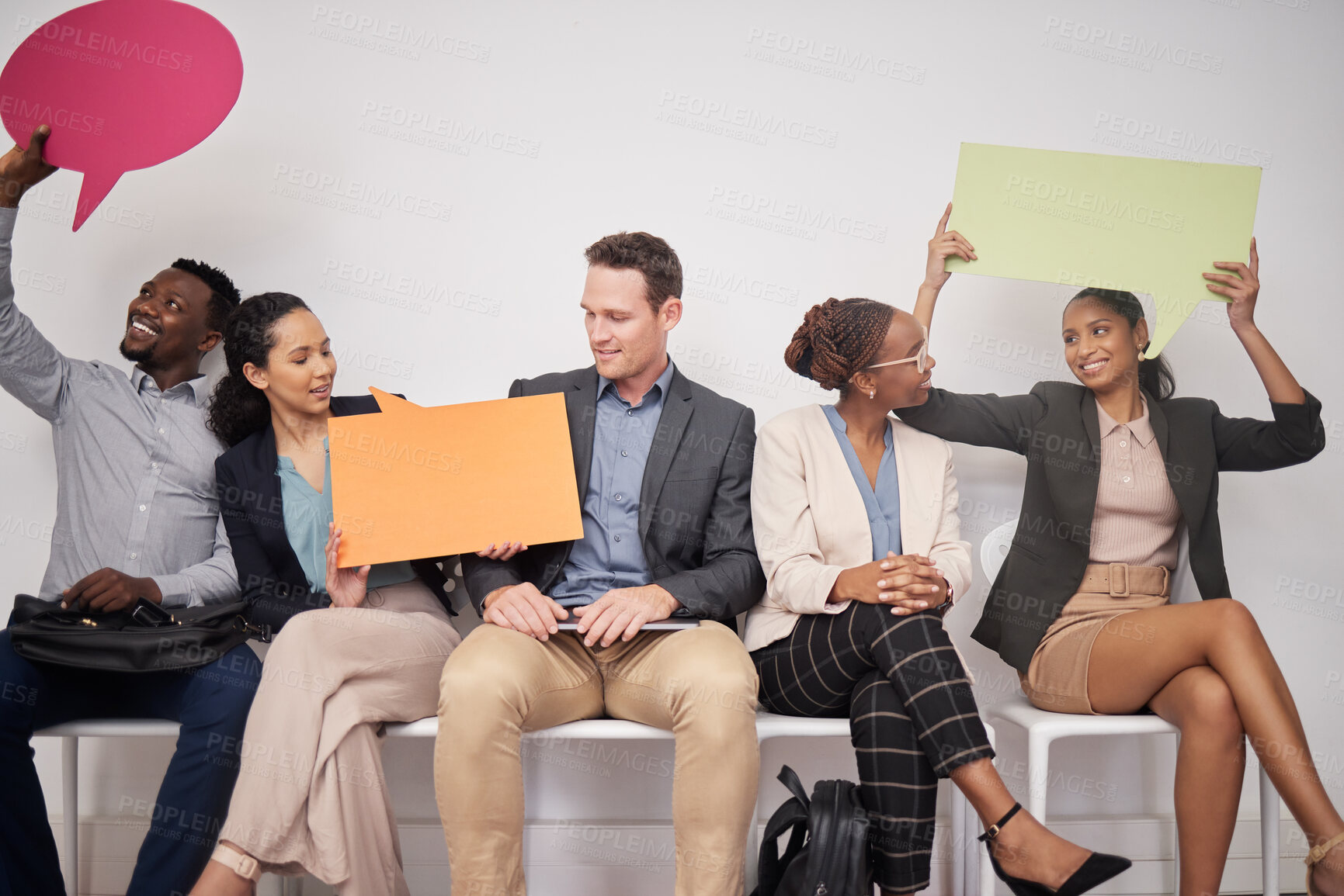 Buy stock photo Speech bubble, business people and diversity group on social media for voice, opinion or advertising feedback in studio. Happy employees, vote and survey of hiring, HR recruitment and sign to join us