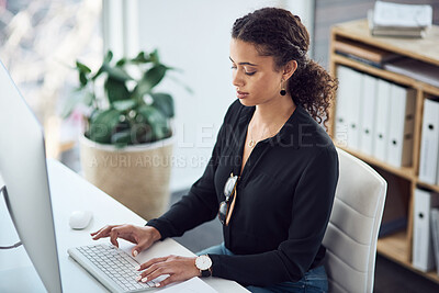 Buy stock photo Professional, typing and a woman with an email on a computer, research or secretary work. Analytics, desk and a African female receptionist with a pc in an office for connectivity and working