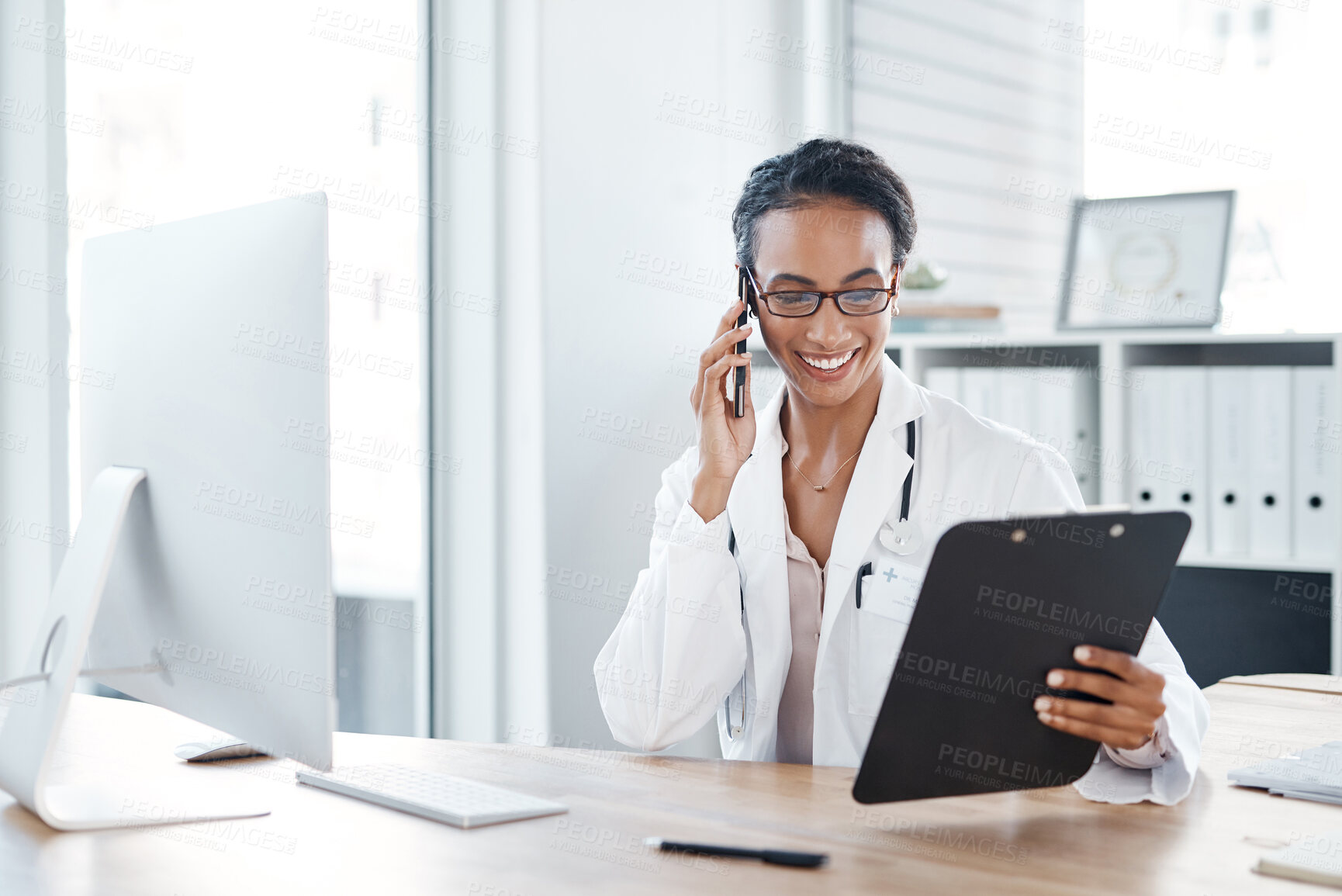 Buy stock photo Woman, doctor and phone call with clipboard in clinic for medical results, appointment schedule or virtual advice. Medicine, nurse or happy for telehealth with online consultation or health insurance