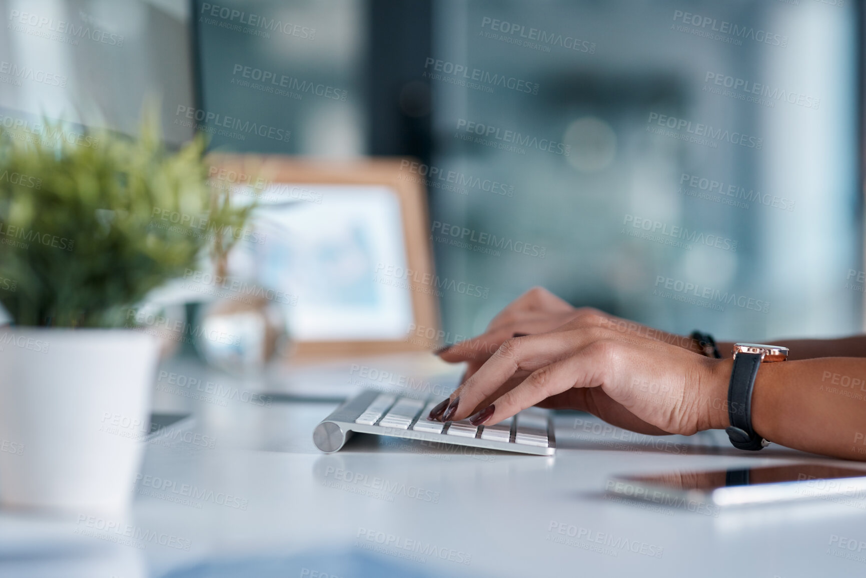 Buy stock photo Worker, computer and hands typing at office desk for online research, copywriting and editing at publishing agency. Creative person, copywriter or editor on desktop keyboard for project or email