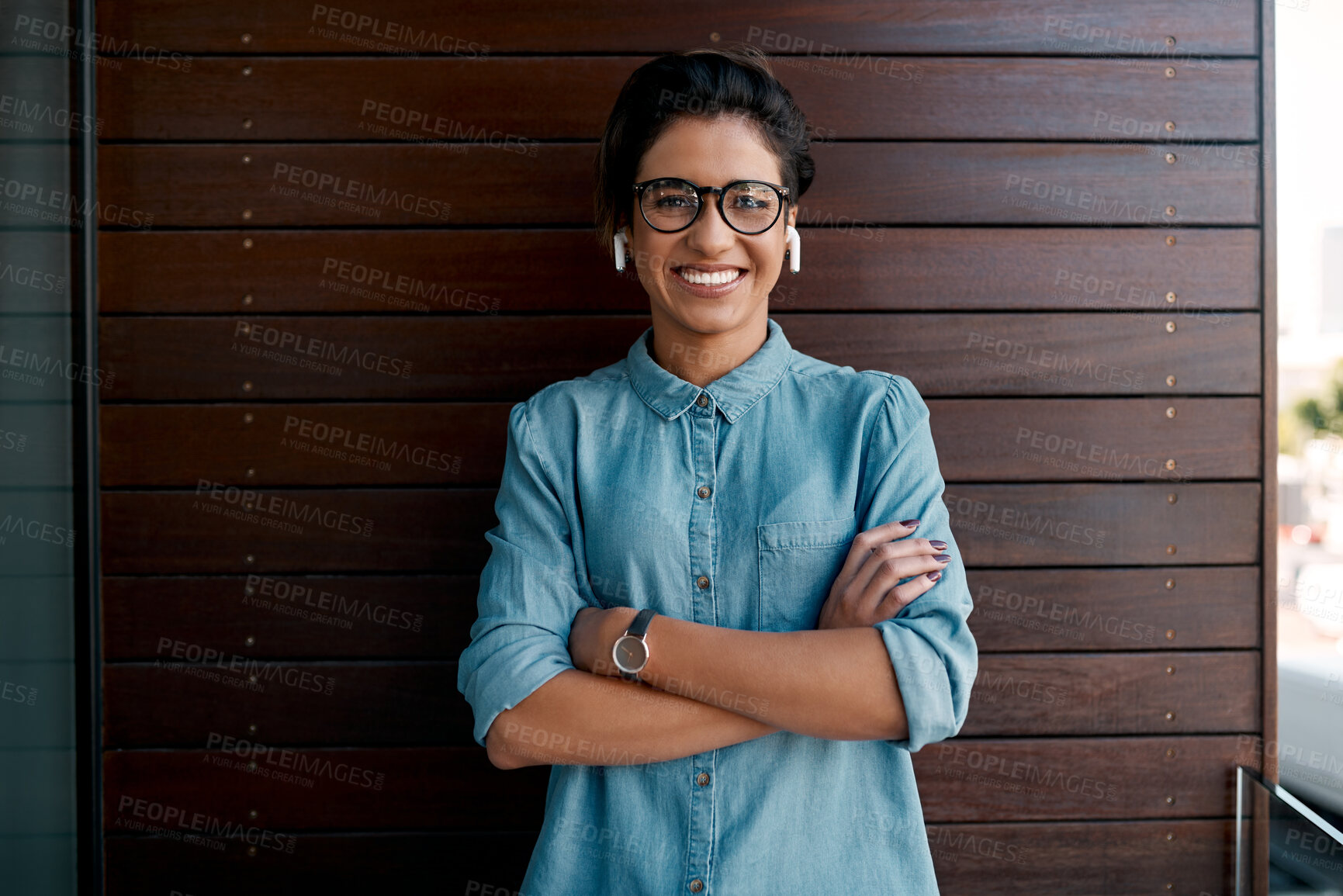 Buy stock photo Business, woman and arms crossed on balcony for portrait, earphones and relax break for entrepreneur with confidence. Career, pride and listen or music or podcast, happy professional and employee 