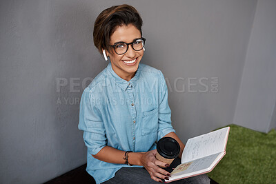 Buy stock photo Notebook, portrait and happy woman with glasses for planning, deadline and project for startup. Female freelancer, smile and coffee with journal for idea, creative business and career in Brazil