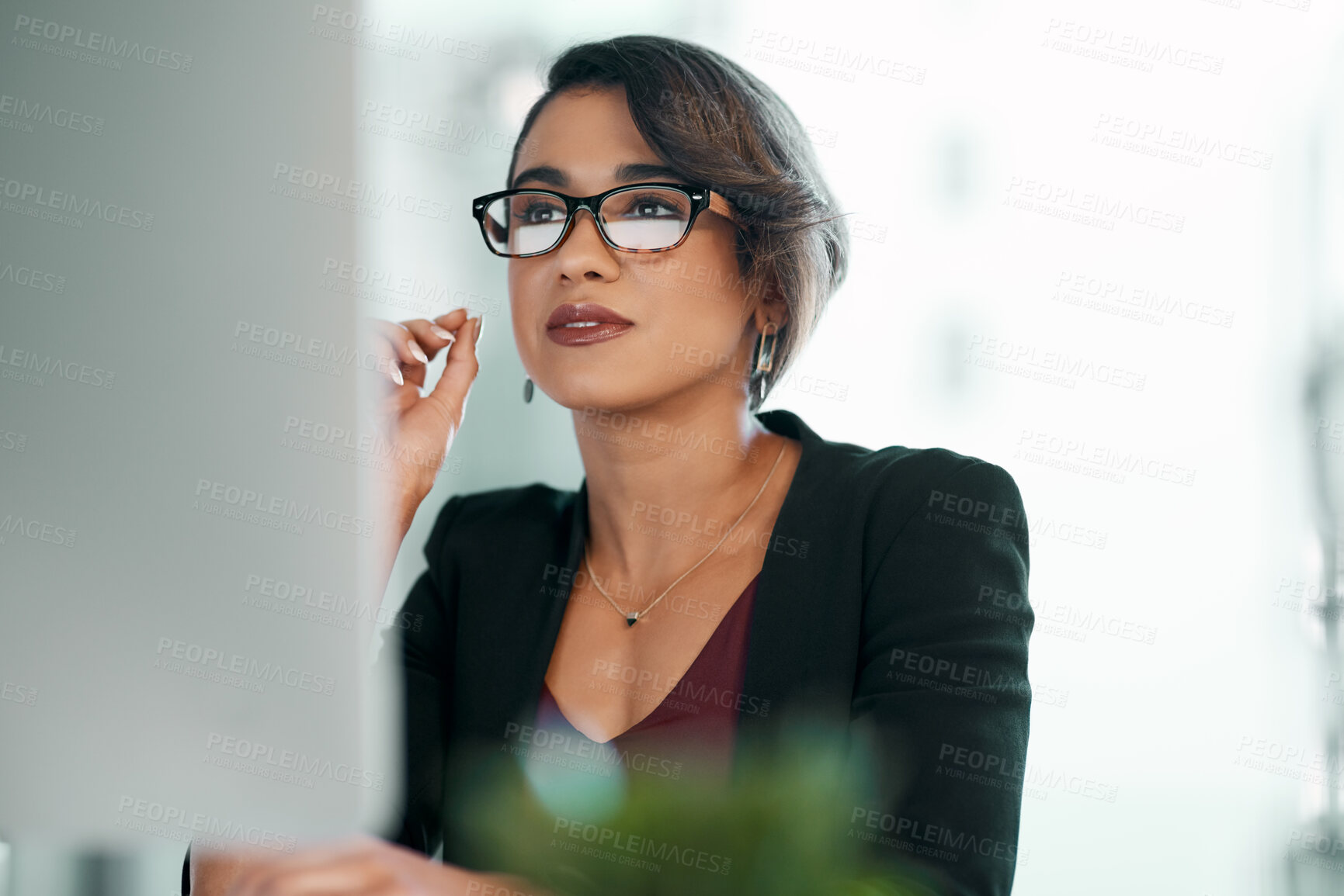 Buy stock photo Computer, research and business woman in glasses reflection for reading, online review or editor analysis. Focused Latino person or professional worker in website editing or analytics on desktop pc