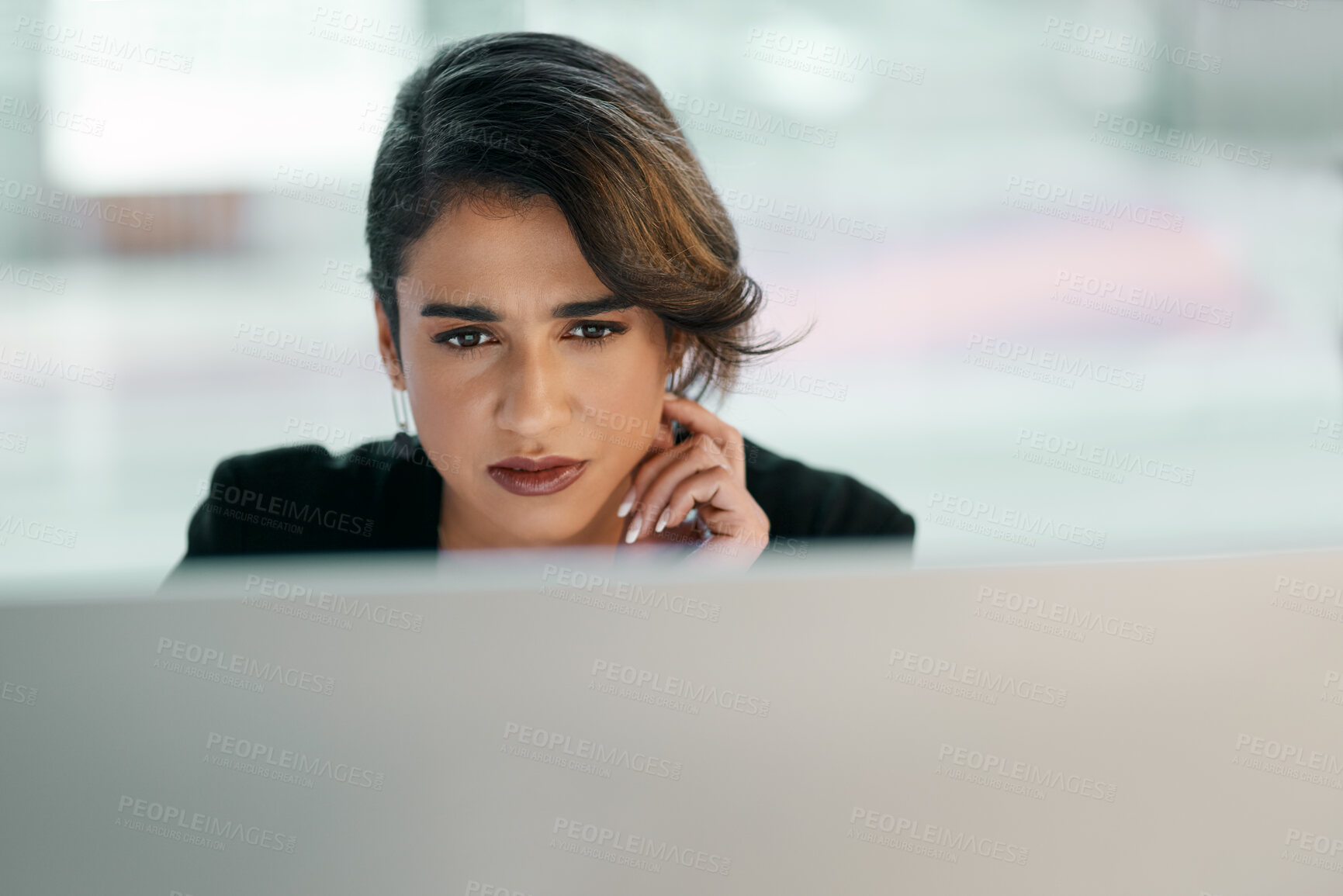 Buy stock photo Business woman, computer and thinking, ideas and online management for software check, review or solution in office. Confused, focus and problem solving of professional worker or person on desktop pc