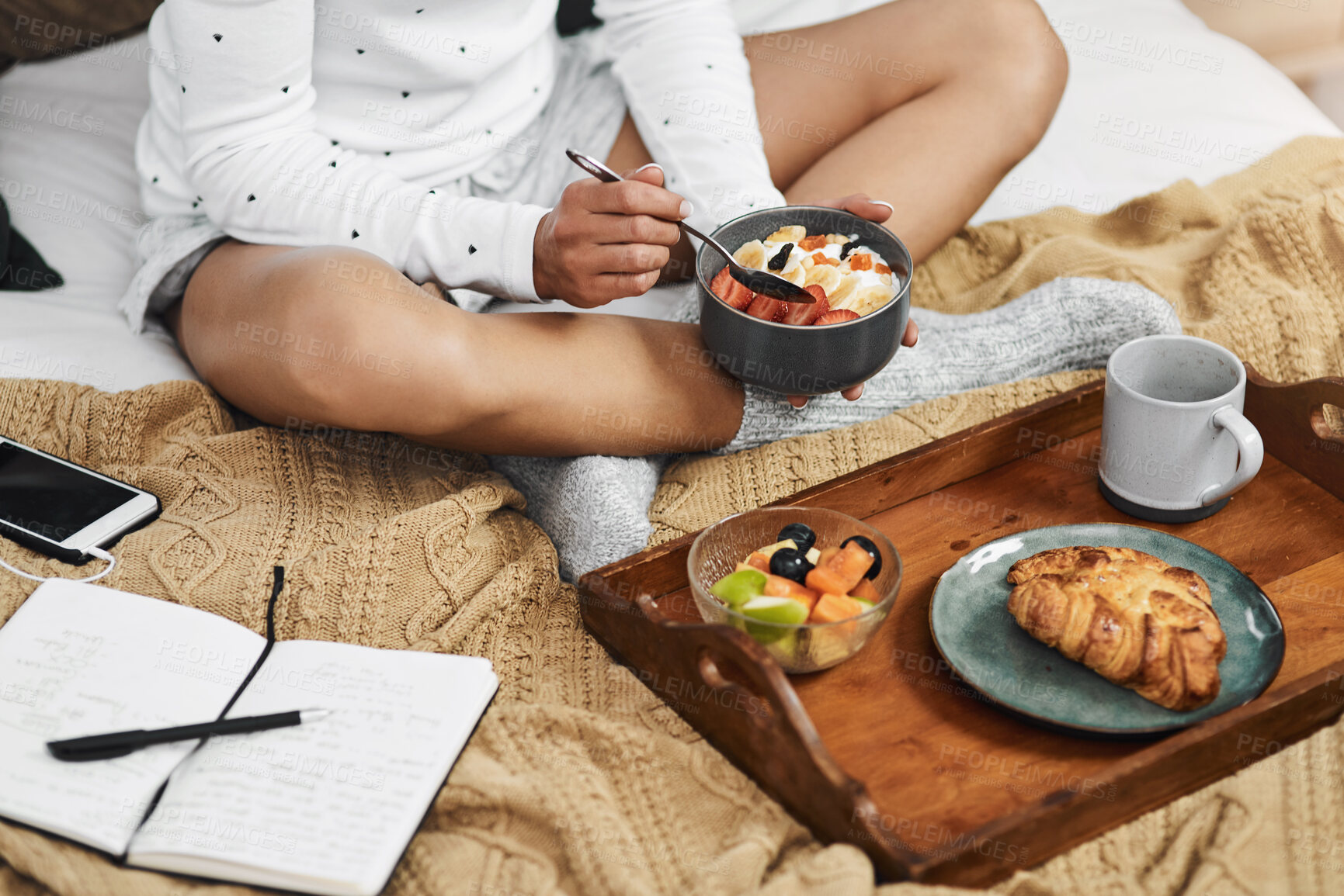 Buy stock photo Breakfast, woman and notebook in bed for hotel, hospitality and accommodation in morning. Fruit salad, blog and female customer in lodge with satisfaction, coffee and food on vacation or holiday