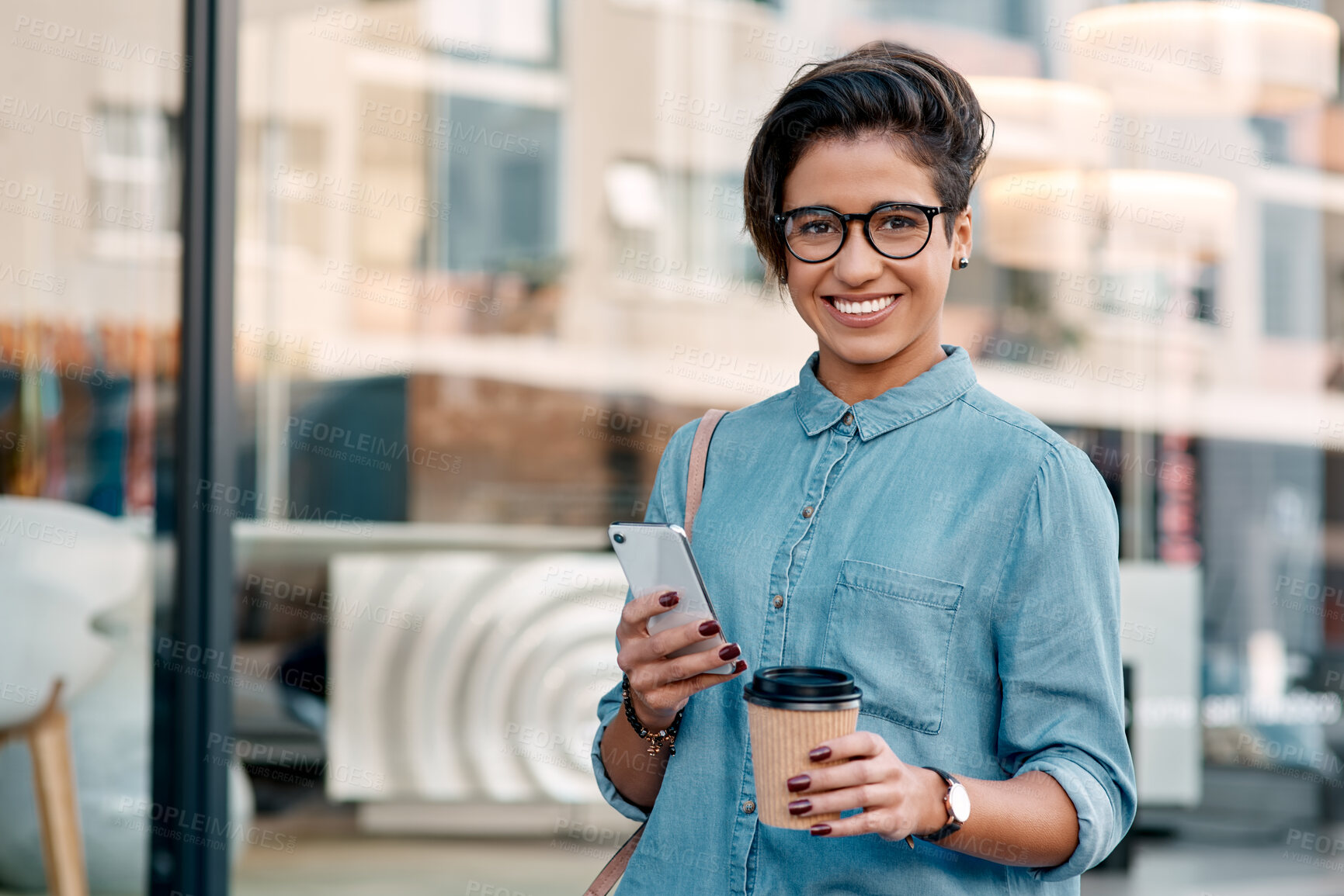 Buy stock photo Portrait, smartphone and happy woman with glasses for connection, networking and social media in city. Female freelancer, smile and coffee with text for communication, updates and news in Brazil