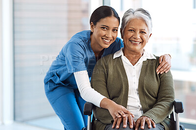 Buy stock photo Portrait, medical or disability with a nurse and old woman in a wheelchair during a nursing home visit. Smile, healthcare or retirement with a happy female medicine professional and senior client