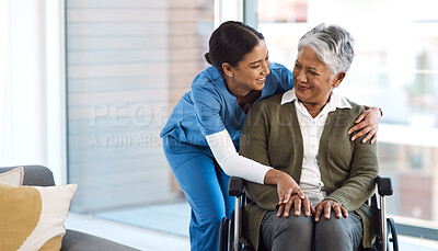 Buy stock photo Hug, nurse with senior woman in wheelchair and talking for support. Happy, smile and communication with female nurse holding disabled senior patients hand for caregiver in nursing home consulting
