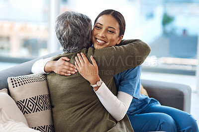 Buy stock photo Healthcare, nurse and senior woman with care, hug and cure with happiness, support and consultation. Female person, happy employee and patient with medical professional, embrace and positive results 